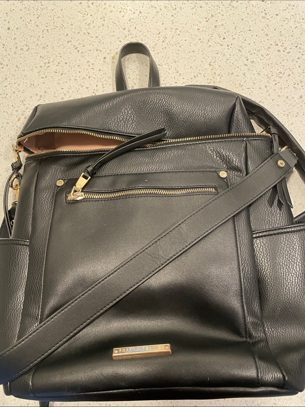 Poppy & Peonies Black Faux Leather Convertible Backpack with Gold Hardware